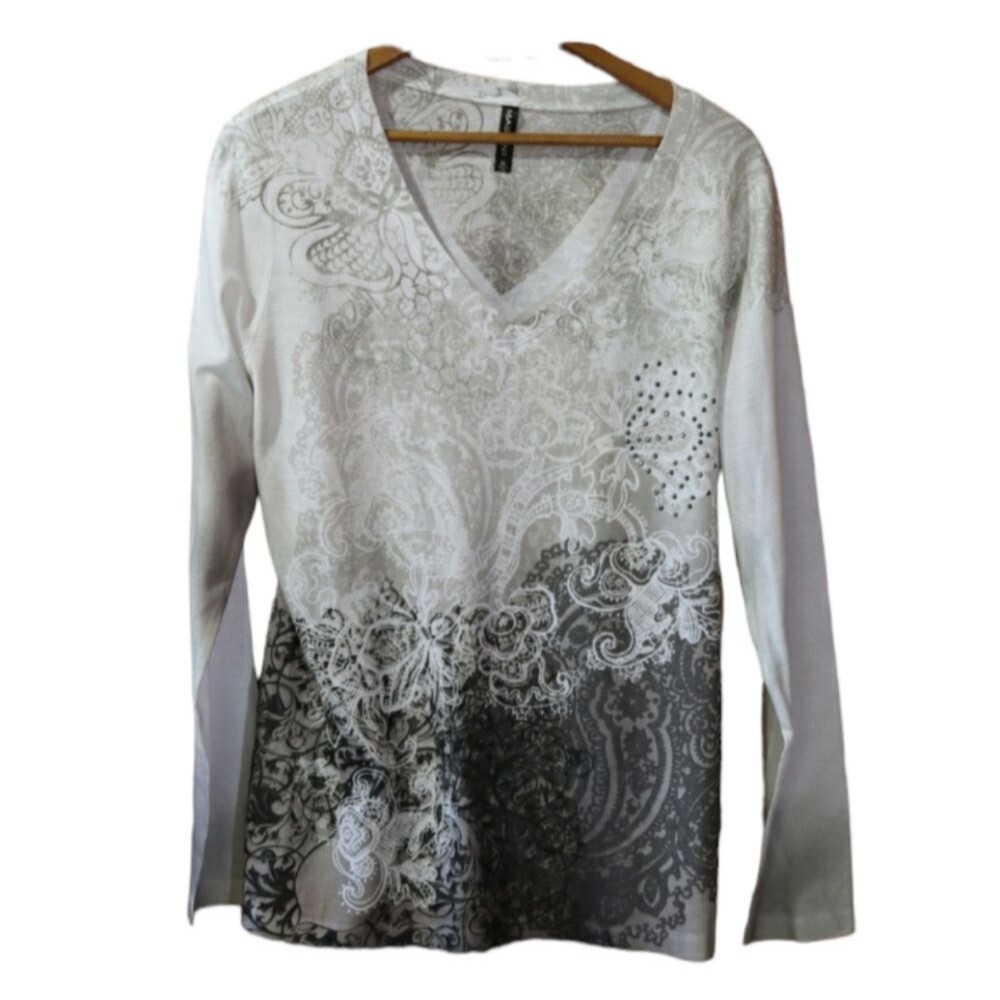 Massini Sublimation Print Long Sleeve V Neck Top XL Boho Abstract Blouse